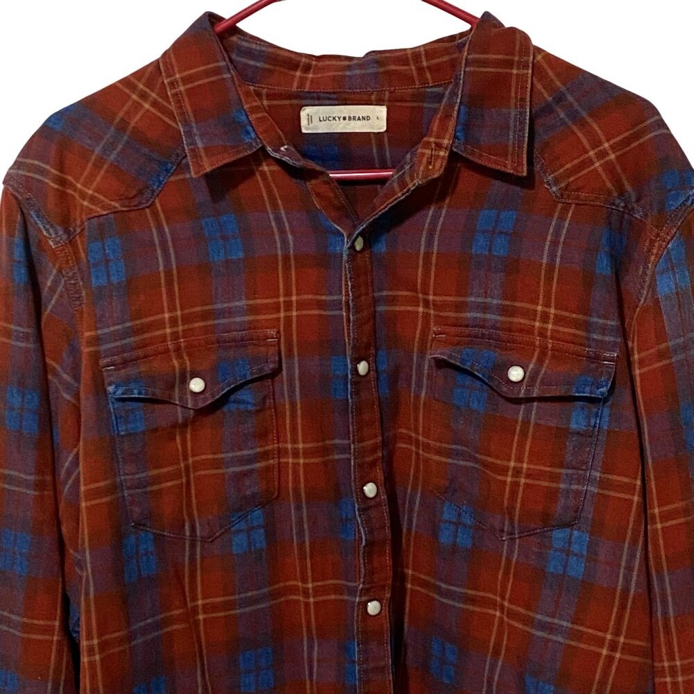 Lucky Brand Mens Plaid Pearl Snap Shirt L Country Western Cowboy Rodeo Work Wear